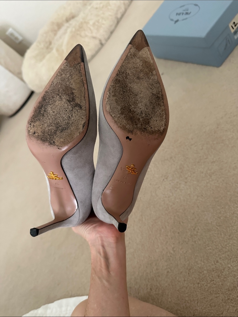 Prada Light Gray Suede Pointed-Toe Pumps - Picture 5 of 8